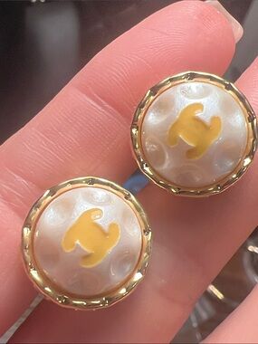 Gold-Tone Pearl Button Earrings with Yellow Emblem